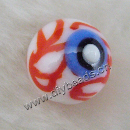 Bead, lampworked glass, opaque white and red, 14mm round with "eye" design. Sold per pkg of 6.