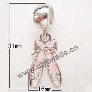 Charm, big-hole beads,silver-plated pewter and enameled ,pink , 16x31mm shoes with bow, 5mm hole. Sold per pkg of 10ps