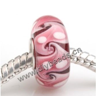 Bead, big-hole beads,Lampworked glass and silver-plated brass grommet,pink with flower,14x7mm rondelle with 4.5 mm hole,sold per pkg of 50ps