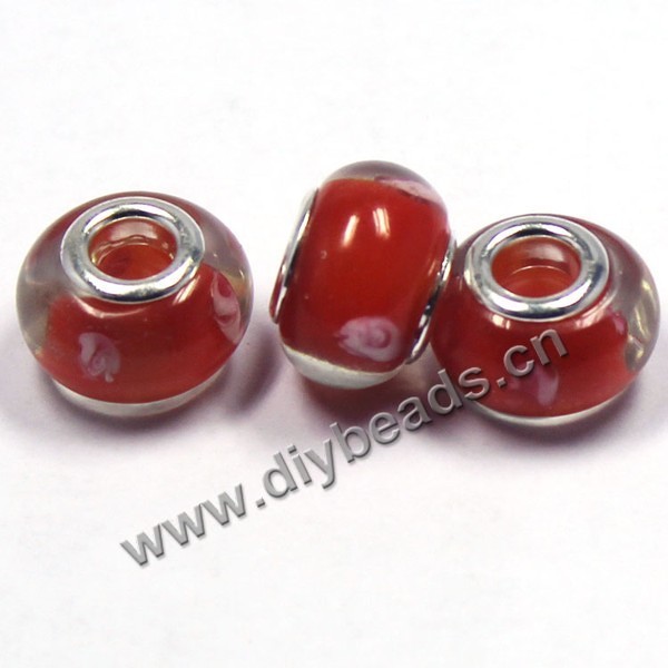Bead,big-hole beads ,lampworked glass with silver-finished brass,14x9m rondelle ,red, mini order 200pcs