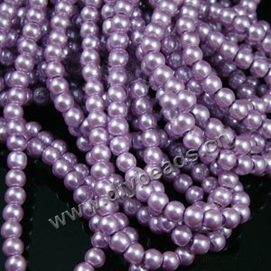Bead, glass pearl, purple, 4mm round. Sold per pkg of two 16-inch strands.