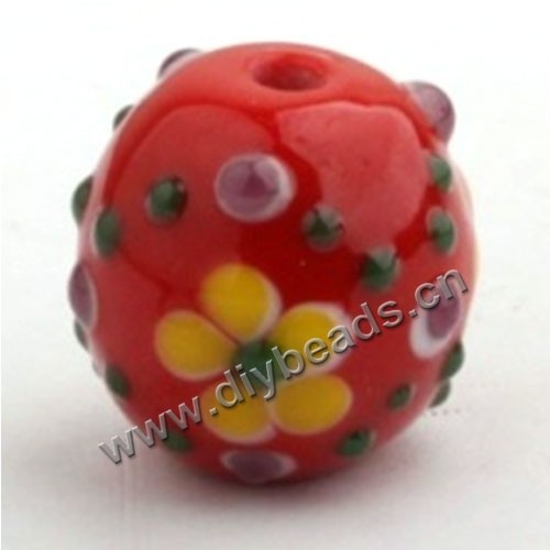 Bead, lampworked glass,red with flower, 18x18mm round.mini order 50pc 