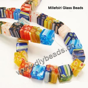 Bead, millefiori glass, mixed colors and patterns, 10x10mm cube,approximately 38ps/strand 
