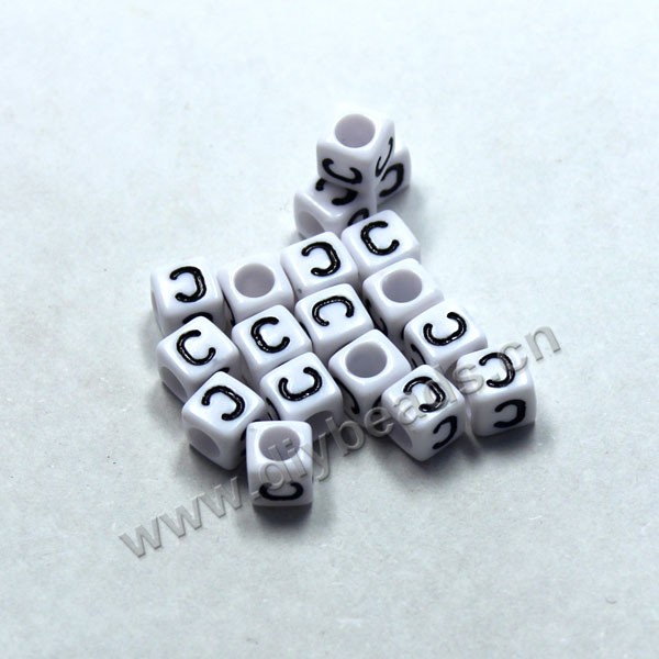 Bead, acrylic,White,alphabet is C, 6x6mm cube with 3.5mm drill hole. Sold per pkg of 100ps