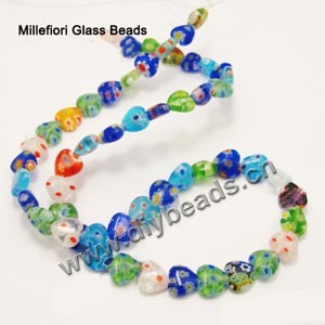 bead,millefiori glass,multicolored ,8x8x4mm flat heart,approximately 48ps/strand 