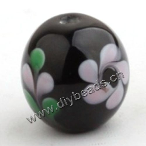 Bead, lampworked glass,black with flower, 18x18mm round.mini order 50pc 