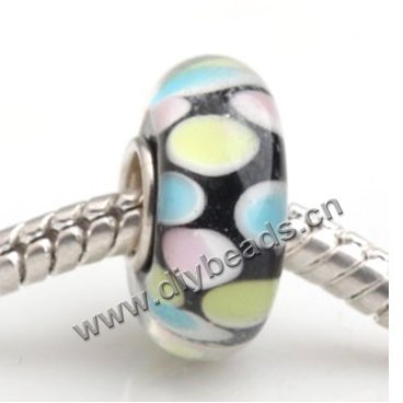 Bead, big-hole beads,Lampworked glass and silver-plated brass grommet,black with flower,14x7mm rondelle with 4.5 mm hole,sold per pkg of 50ps
