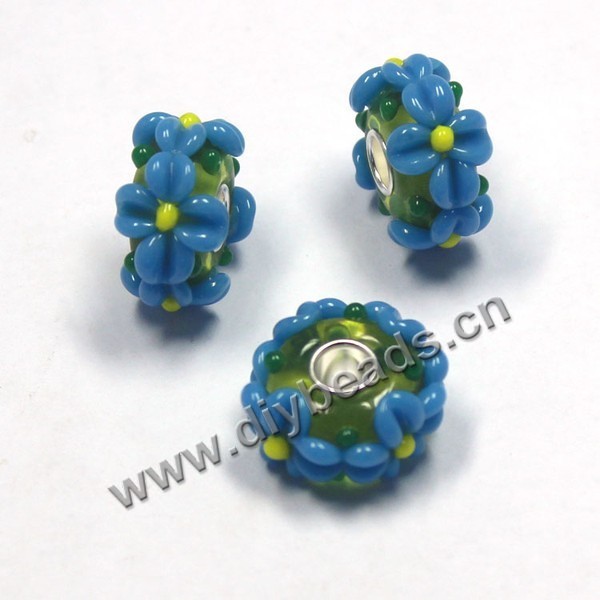 Bead,big-hole beads ,lampworked glass with silver-finished brass,16x10m rondelle blue,mini order 5pcs