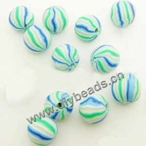 Bead, polymer clay, ivory/green/blue, 8mm round with lines. Sold per pkg of 36.