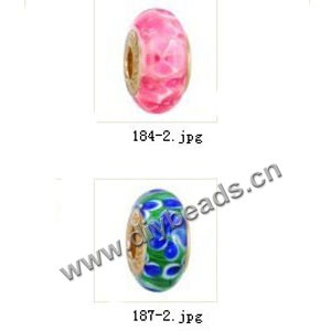 Bead,big-hole beads ,lampworked glass with silver-finished brass grommets,mixed colors and designs,6x12mm-8x14mm rondelle ,4mm spiral hole,sold per pkg of 10ps