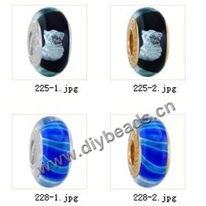 Bead,big-hole beads ,lampworked glass with silver-finished brass grommets,mixed colors and designs,6x12mm-8x14mm rondelle ,4mm spiral hole,sold per pkg of 10ps