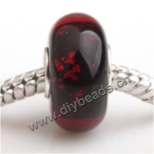 Bead, big-hole beads,Lampworked glass and silver-plated brass grommet,red with flower,14x7mm rondelle with 4.5 mm hole,sold per pkg of 50ps