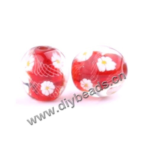 Bead, lampworked glass,red with flower, 16x16mm round.mini order 50pc 