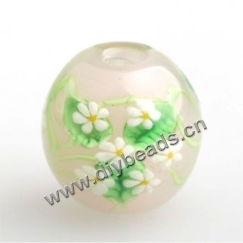Bead,Japan lampworked glass,white with flower, 16x16mm round.mini order 100pc 