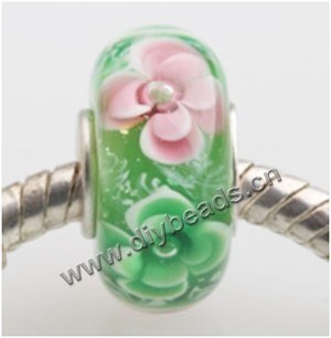 Bead, big-hole beads,Lampworked glass and 925 sterling silver grommet,green with flower, 14x7mm rondelle with 4.5 mm hole,sold per pkg of 50ps