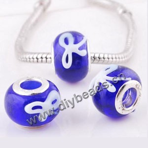 Bead,big-hole beads ,lampworked glass with silver-finished brass ,cobalt blue,9x14mm rondelle with 5mm hole,sold per pkg of 10