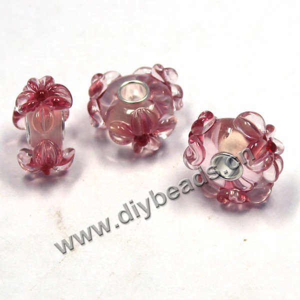 Bead,big-hole beads ,lampworked glass with silver-finished brass,16x10m rondelle,red,mini order 50pcs