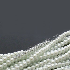 Bead, glass pearl, white, 4mm round. Sold per pkg of two 16-inch strands.