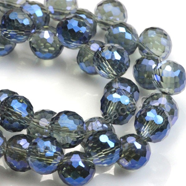 Bead, plating AB color glass, blue, 8mm 128 faceted round, side hole, sold per pkg 1 strands-(100ps/strand).