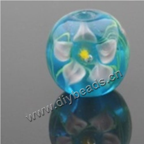 Bead, lampworked glass,blue with flower, 14x14mm round.mini order 50pc 