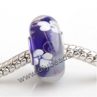 Bead, big-hole beads,Lampworked glass and 925 sterling silver grommet,purple with flower, 14x7mm rondelle with 4.5 mm hole,sold per pkg of 50ps