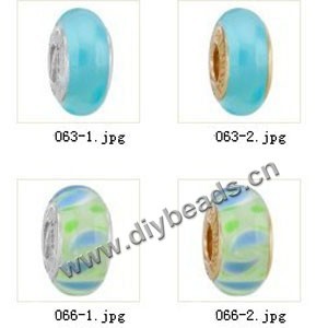 Bead,big-hole beads ,lampworked glass with silver-finished brass grommets,mixed colors and designs,6x12mm-8x14mm rondelle ,4mm spiral hole,sold per pkg of 4ps