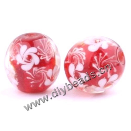 Bead, lampworked glass,red with flower, 16x16mm round.mini order 50pc 