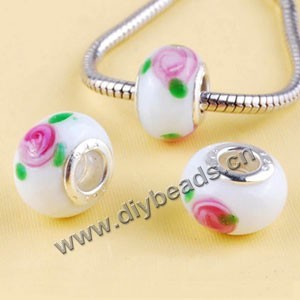 Bead,big-hole beads ,lampworked glass with silver-finished brass ,white/pink/green,10x14mm rondelle with flower,5mm hole,sold per pkg of 10ps