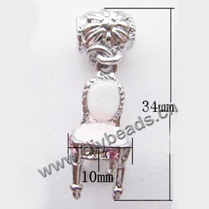 Charm, big-hole beads,silver-plated pewter and enameled , white, 10x34mm chair with rhinestone, 5mm hole. Sold per pkg of 10ps
