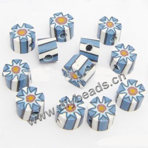 Bead, polymer clay, white/blue, 6x4mm double-sided flat round with flower. Sold per pkg of 24.