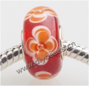 Bead, big-hole beads,	Lampworked glass and silver-plated brass grommet,red with flower, 14x7mm rondelle with 4.5 mm hole,sold per pkg of 50ps