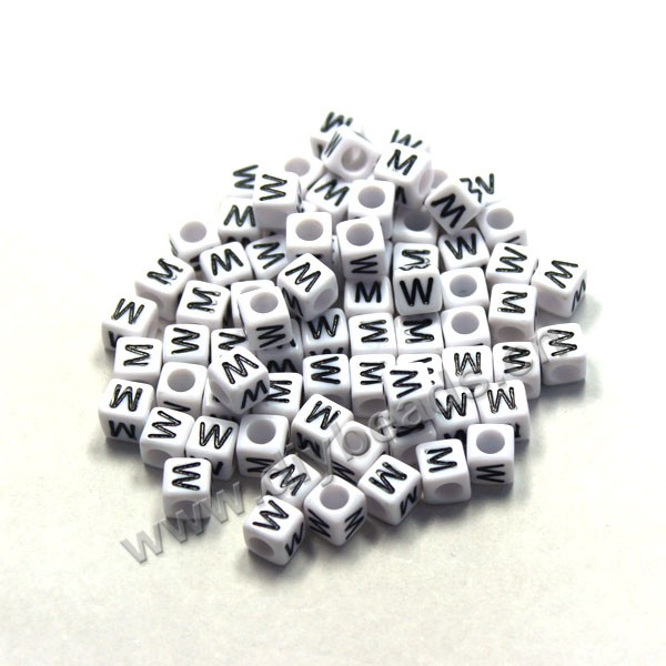 Bead, acrylic,White,alphabet is W, 6x6mm cube with 3.5mm drill hole. Sold per pkg of 100ps