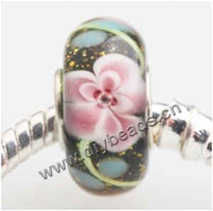 Bead,big-hole beads ,Lampworked glass and 925 sterling silver,black with flower,14x7mm ,rondelleand ,4.5mm hole,sold per pkg of 50ps