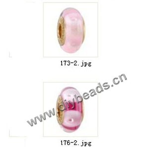 Bead,big-hole beads ,lampworked glass with brass grommets,mixed colors and designs,6x12mm-8x14mm rondelle ,4mm spiral hole,sold per pkg of 10ps
