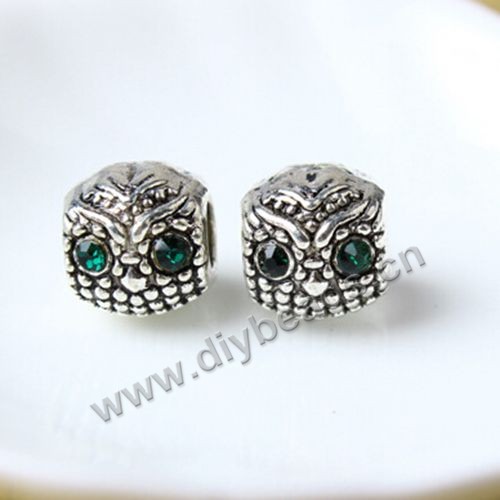 Bead,big-hole beads,alloy,10x12mm,owl design,zircon,Sold per pkg of 50ps