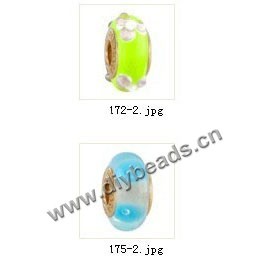 Bead,big-hole beads ,lampworked glass with silver-finished brass grommets,mixed colors and designs,6x12mm-8x14mm rondelle ,4mm spiral hole,sold per pkg of 10ps