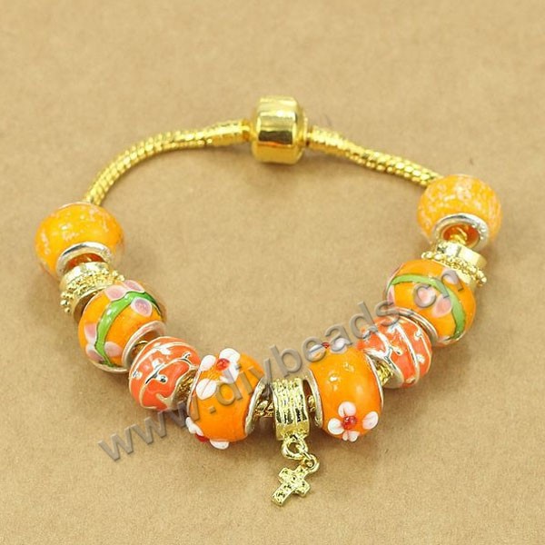 Bracelet,alloy and lampwork glass,yellow ,large hole beads,Sold per package of 1 piece