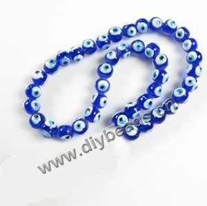 Bead , lampworked glass, opaque blue, 10mm double-sided round with wards off the evil eye design. Sold per pkg of (4) 15-inch strand.