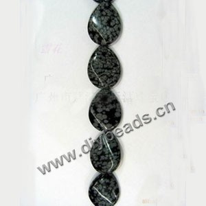Bead, snowflake obsidian (natural), 40x33mm twisted flat teardrop, Mohs hardness 5 to 5-1/2. Sold per 15-inch strand