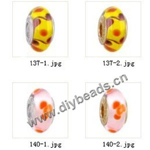Bead,big-hole beads ,lampworked glass with silver-finished brass grommets,mixed colors and designs,6x12mm-8x14mm rondelle ,4mm spiral hole,sold per pkg of 10ps