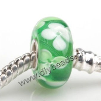 Bead, big-hole beads,Lampworked glass and silver-plated brass grommet,green with flower,14x7mm rondelle with 4.5 mm hole,sold per pkg of 50ps