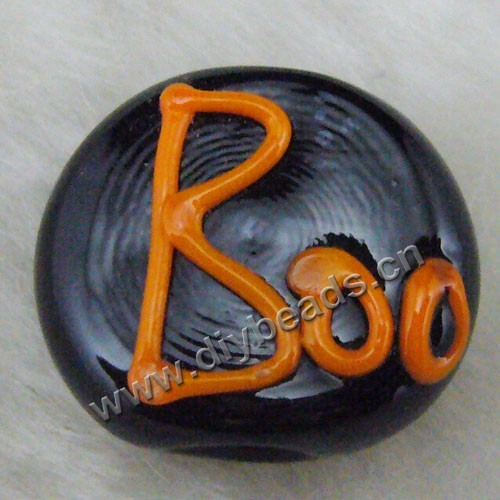 Bead, lampworked glass, opaque black and orange, 15x17.5mm flat round with "Boo". Sold per pkg of 6.