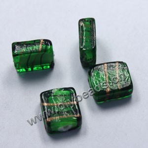 Bead, lampworked glass,green, 16x14mm flat rectangle with swirl. Sold per pkg of 500.