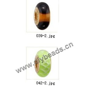 Bead,big-hole beads ,lampworked glass with brass grommets,mixed colors and designs,6x12mm-8x14mm rondelle ,4mm spiral hole,sold per pkg of 10ps