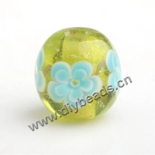 Bead,Japan lampworked glass,green with flower, 14x14mm round.mini order 100pc 
