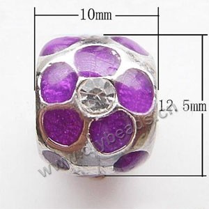 Bead, big-hole beads,pewter and enameled , purple,12.5x10mm rondelle with flower and rhinestone, 7mm hole. Sold per pkg of 10ps