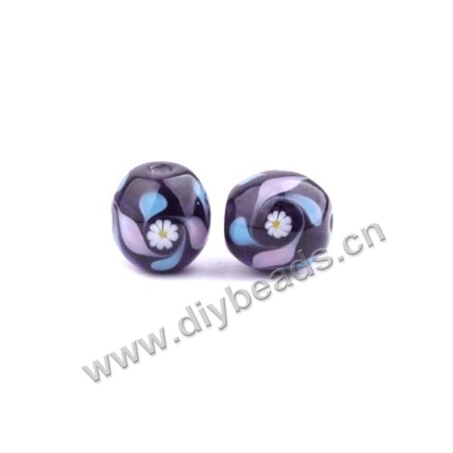 Bead, lampworked glass,purple with flower, 16x16mm round.mini order 50pc 