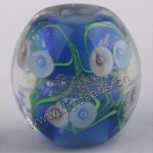 Bead, lampworked glass,blue with flower, 20x20mm round.mini order 50pc 