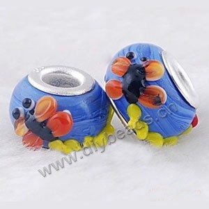 Bead, big-hole beads,lampworked glass and brass grommet, blue/red/yellow, 10x14mm rondelle with dragonfly, 4.5mm hole. Sold per pkg of 10