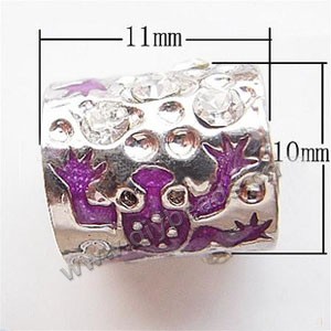 Bead, big-hole beads,silver-plated pewter and enameled , purple, 11x10mm round tube with frog and rhinestone, 6mm hole. Sold per pkg of 10ps